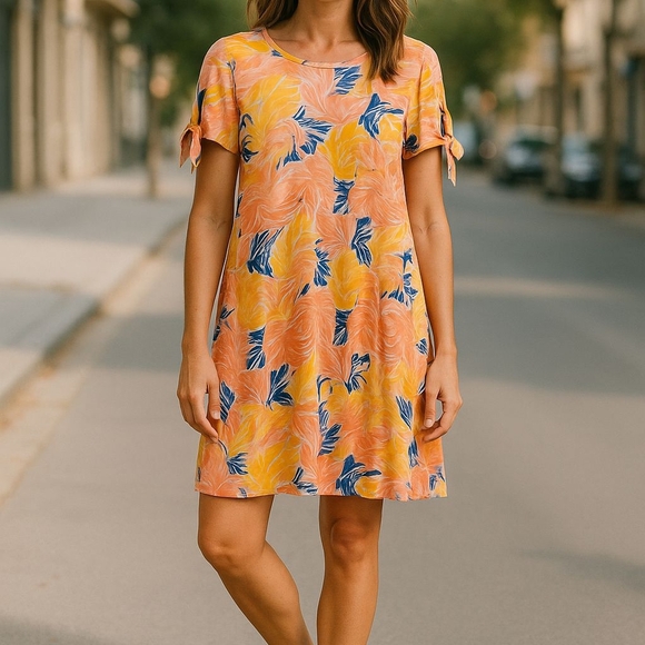 Caribbean Joe - Tropical Floral Pattern, Short Sleeve W/ Tie Accent, Size Medium - Picture 4 of 13